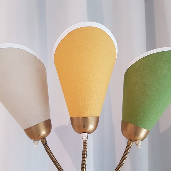 3 neue hochwertige Tütenschirmchen für original 50er Jahre Tütenlampen mit Leinenstoff in Beige/Ocker/Pistazie