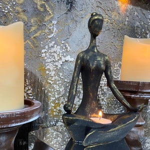 Hand-Colored Yoga Statue: Black & Gold Yoga Pose Candleholder image 1