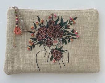 Handmade Jute Clutch: Beaded Woman Portrait, Boho Evening Bag