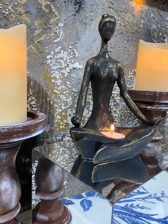 Hand-Colored Yoga Statue: Black & Gold Yoga Pose Candleholder