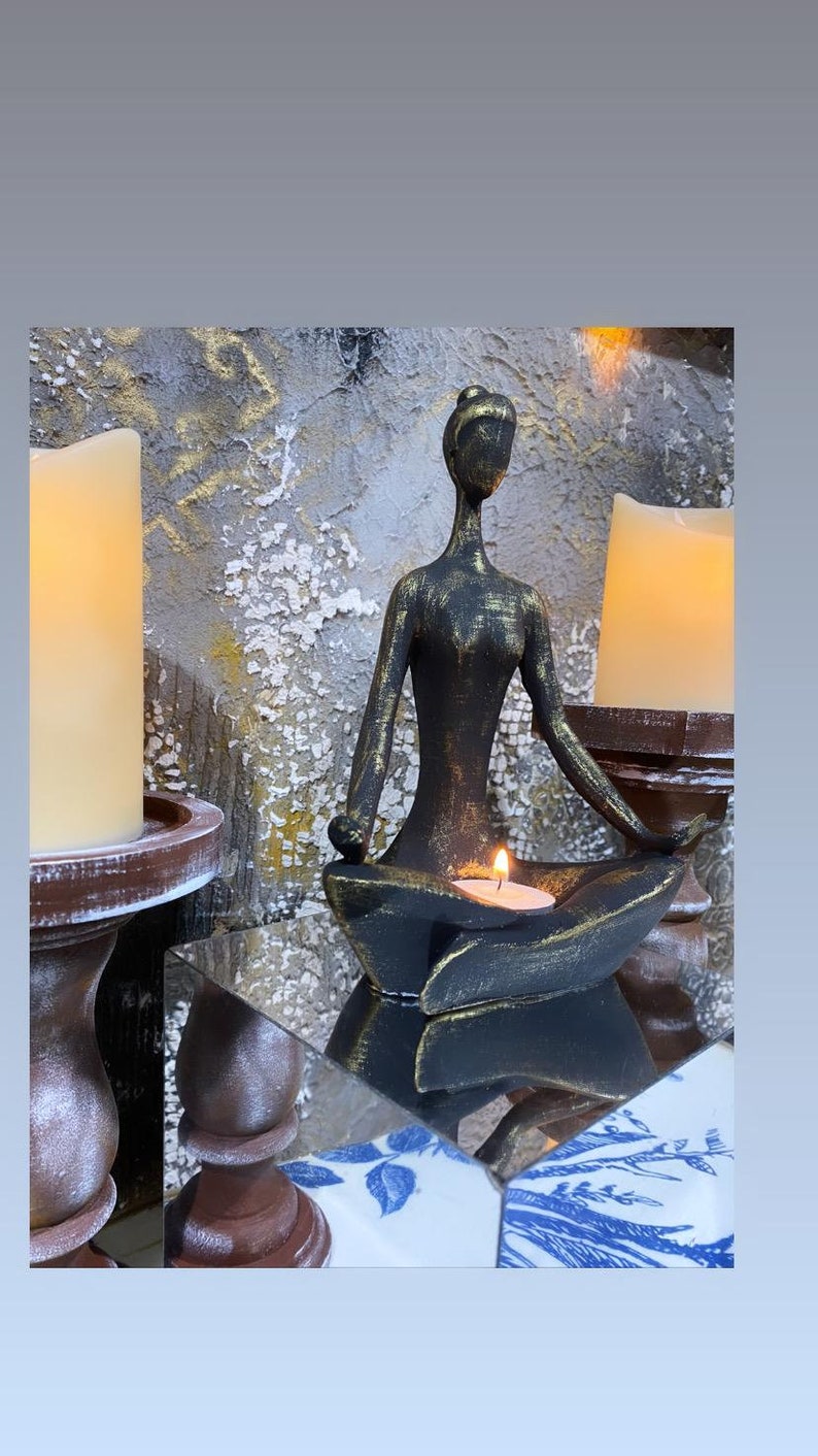 Hand-Colored Yoga Statue: Black & Gold Yoga Pose Candleholder image 7
