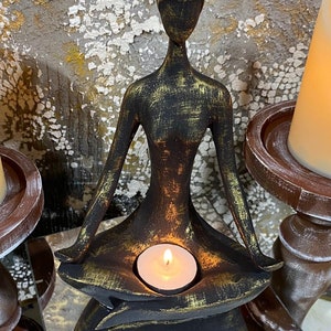 Hand-Colored Yoga Statue: Black & Gold Yoga Pose Candleholder image 6