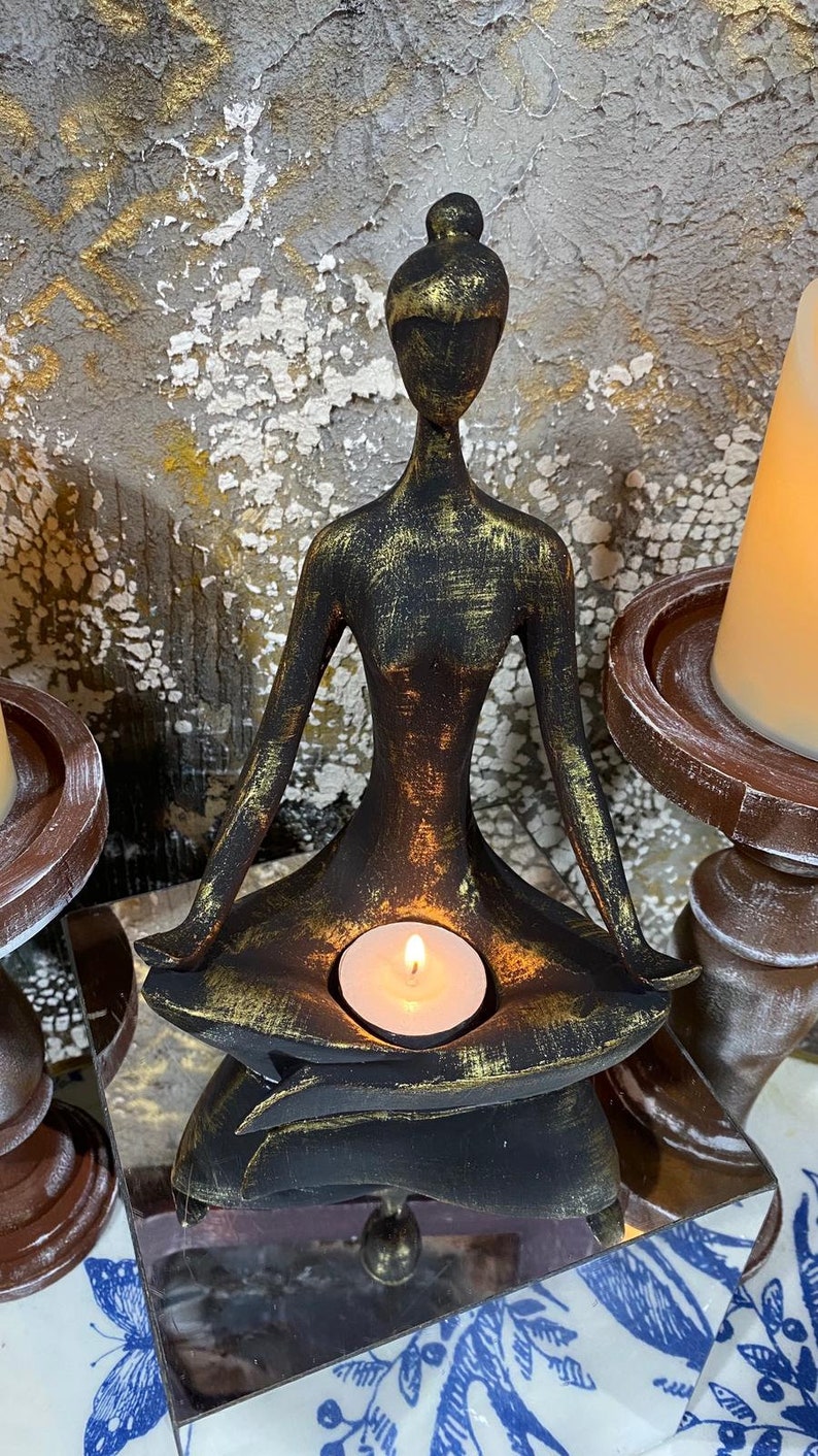 Hand-Colored Yoga Statue: Black & Gold Yoga Pose Candleholder image 6