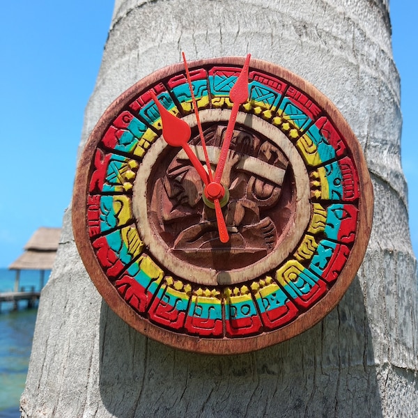 Wooden wall clock "Mayan Calendar" Mexican folk art 5-inch