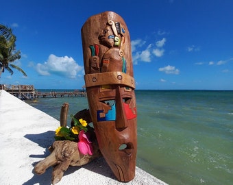 Wooden African Mask - Authentic Meso-American Mayan Decor 17.5"