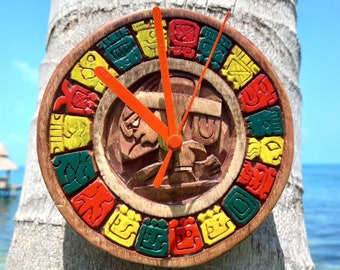 Wood Wall Clock  "Mayan Calendar" Mexican Folk Art 5.5-inch