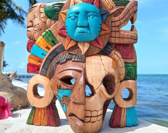 Mesoamerican Decor - Aztec Mask, Carved wood wall art 8"