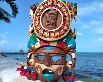 Carved Wood Mask "Mayan Calendar" Handcrafted Wall Art 16"
