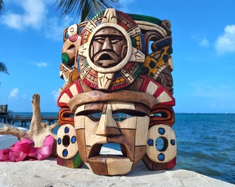 Aztec Wall Decor - Carved Wood Mask of Aztec Calendar 12"