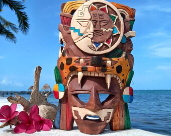 Aztec Art, Carved Wood Wall Art, Aztec Mask 12"