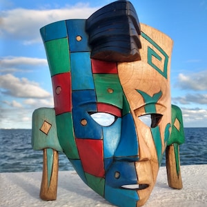 Mexican Decorations, Traditional Wood Carving, Aztec Wall Mask 8"
