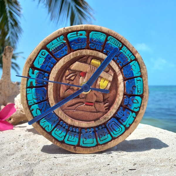 Blue wall clock "Mayan Calendar" Carved wood wall art 5.5"