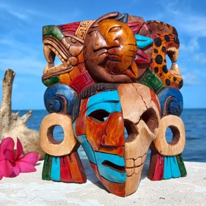 Mayan Wall Decor Carved Mask Ancient Artifact 8-inch image 1