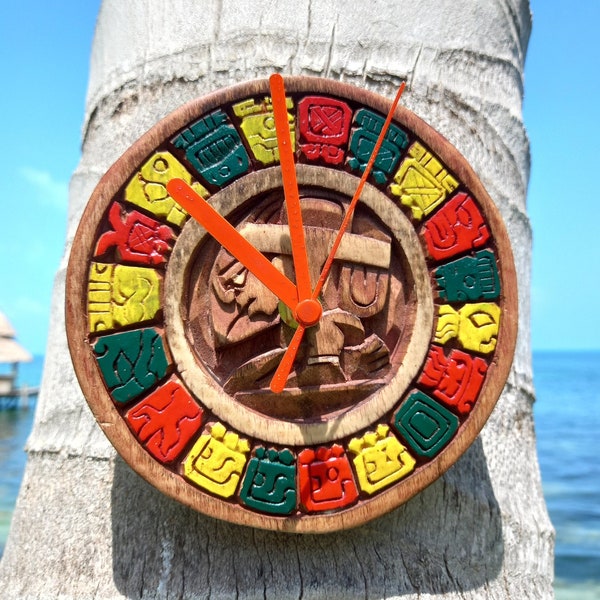 Wood Wall Clock  "Mayan Calendar" Mexican Folk Art 5.5-inch