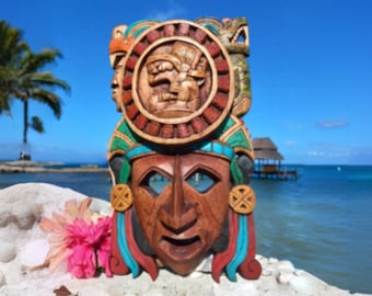 Wooden Mask "Mayan Calendar" - Mexican Folk Art 13-inch