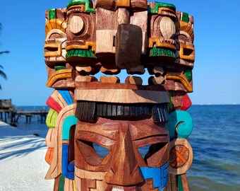 Carved Wood Mask: Aztec God of Rain - Unique Mayan Wall Decor 12"