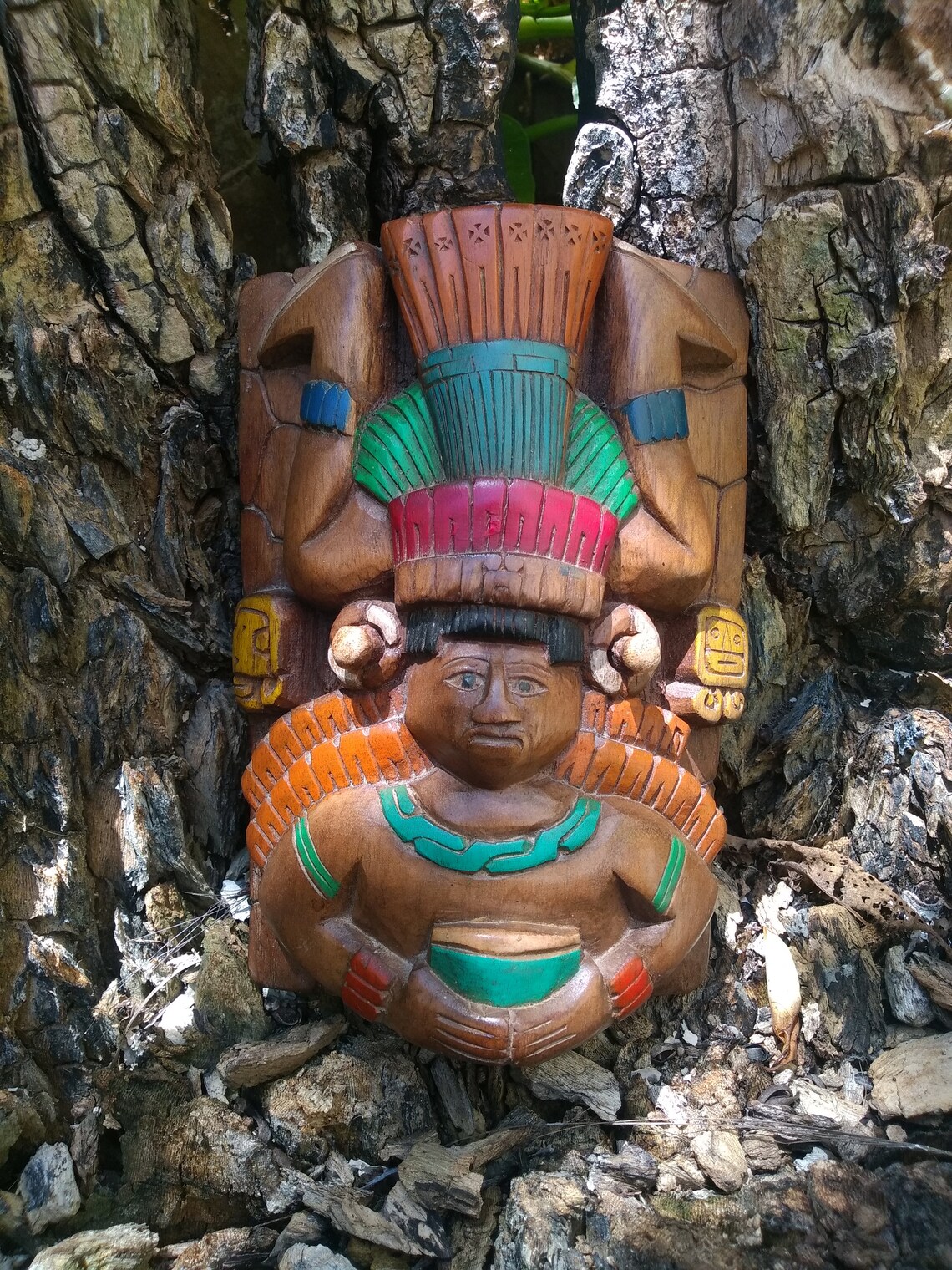 Mexican Wooden Totem Carved Mayan Fertility God Descending Etsy