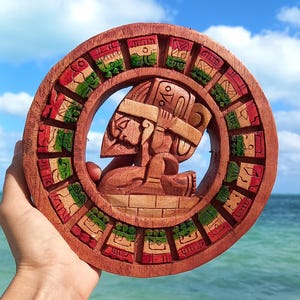 Mexican Calendar - Carved Wooden Mayan Decor Wall Art Prehispanic Panel 8"