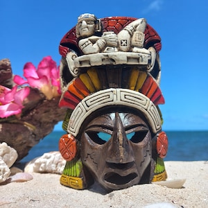 Tribal mask - Clay Wall Sculpture, Mayan God Chac Mool 5.5"