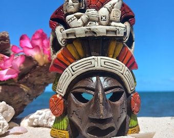 Tribal mask - Clay Wall Sculpture, Mayan God Chac Mool 5.5&quot;