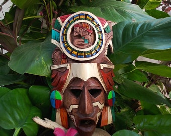 Mayan Wall Art Decor - Carved Wood Mask "Mayan Calendar" 12-inch