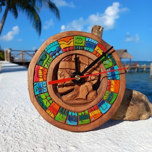 Reloj de pared de madera con calendario maya: decoración artesanal, reloj mexicano silencioso de 5.5 pulgadas
