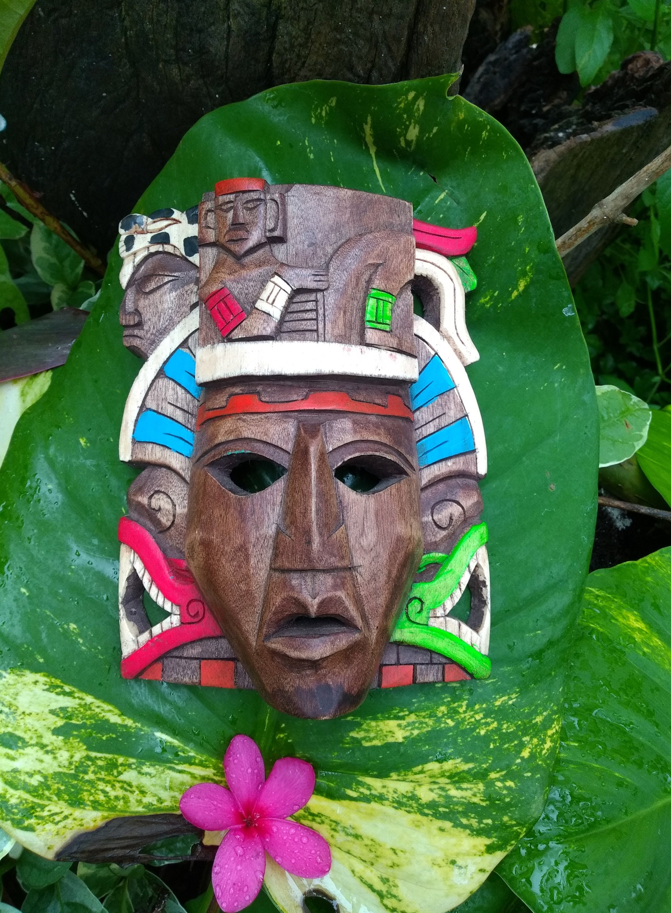 Wooden Mayan Mask Hand Made Mexican Wood Carving Aztec Inca Etsy
