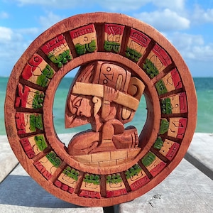 Mexican Calendar - Carved Wooden Mayan Decor Wall Art Prehispanic Panel 8"