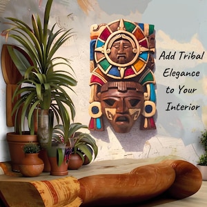 Aztec Mask Wall Art – Hand-Carved Wood Sculpture with Aztec Calendar – Mexican Prehispanic Decor – Ancient Folk Art 16-inch