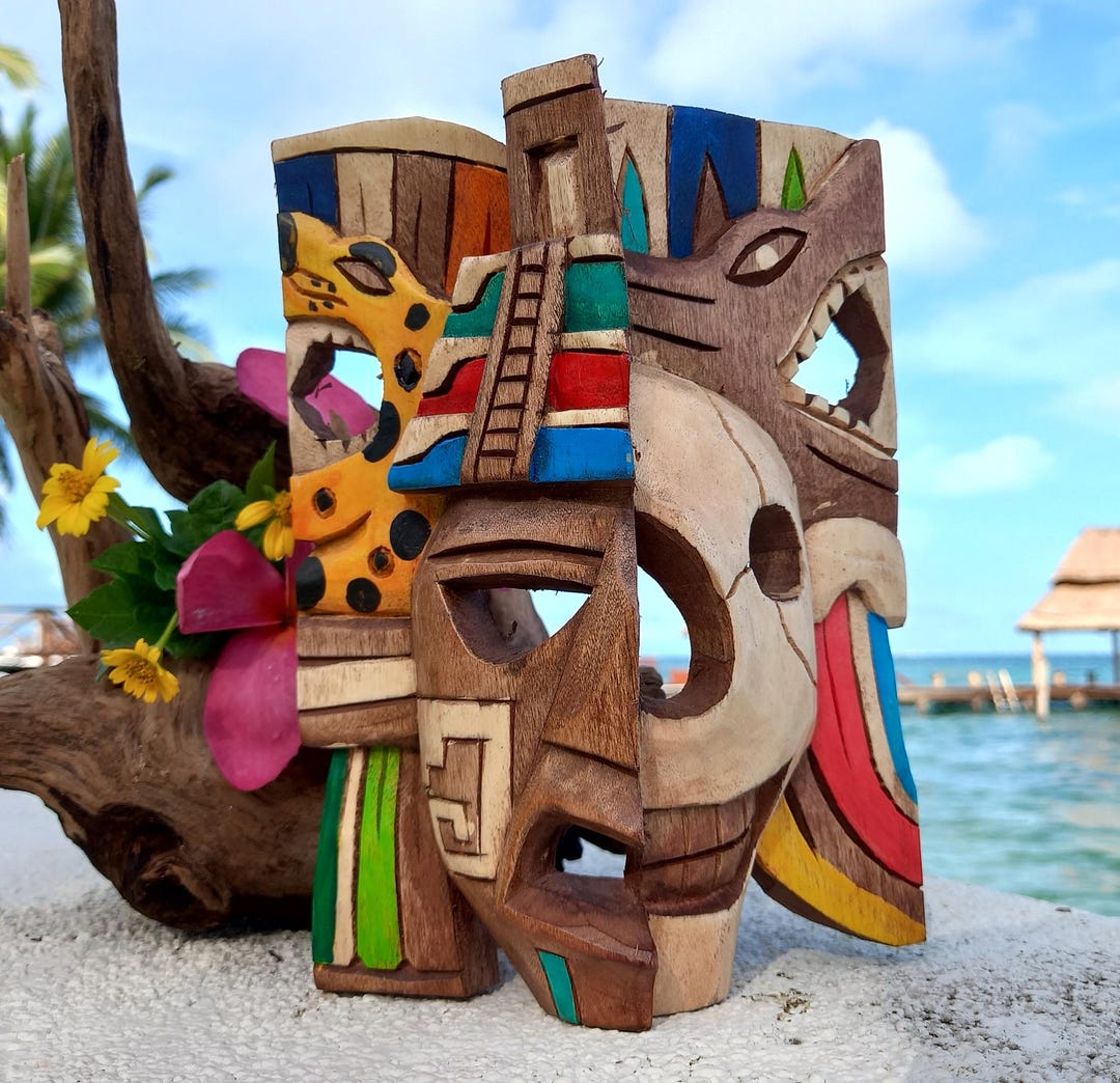 Aztec Carved Wood Mask – Tribal Wall Art, Mexican Home Decor, Party ...