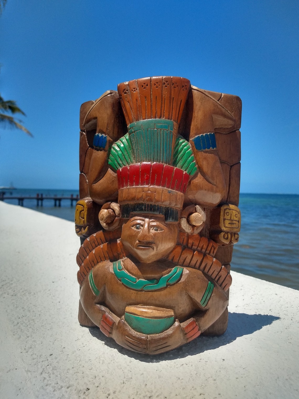 Mexican Wooden Totem Carved Mayan Fertility God Descending Etsy