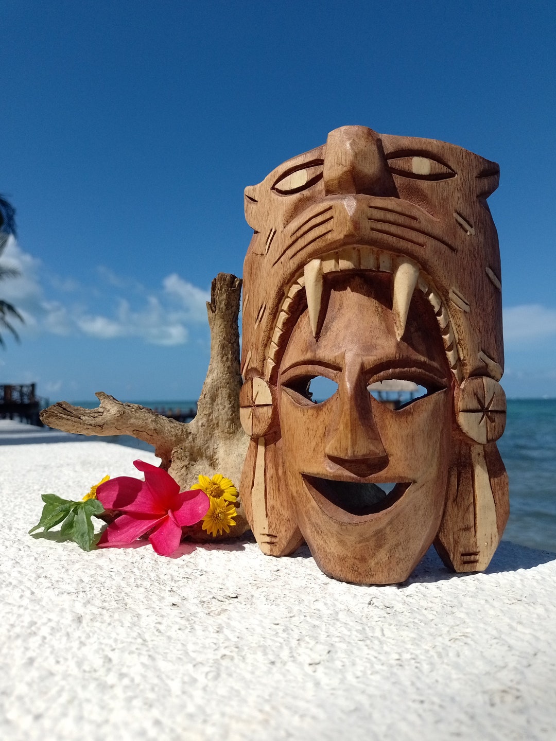 Mexican Folk Art Mayan Mask Carved Wood Wall Art 8 Etsy