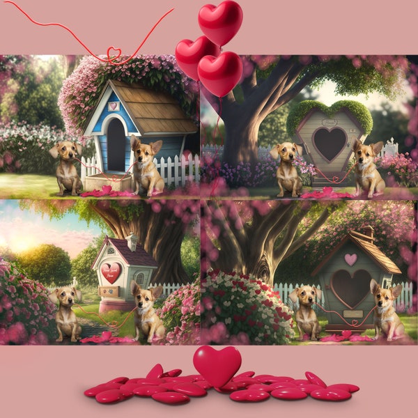 4 Pack of Dog House Digital Backdrops for Composite Photography including 2 PNG heart and 1 Bokeh overlays, Dog Valentine's Day Backdrop