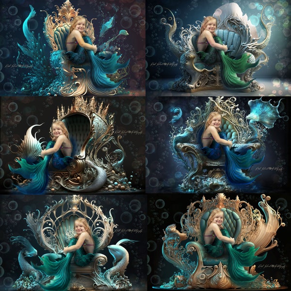 6 Pack - Mermaid Thrones Digital Backdrops for Composite Photography, Mermaid Backdrop, PNG Tail included