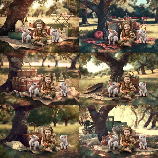 6 Pack - Vintage Picnic Digital Backdrop for Composite Photography with Piggy PNG and Bokeh overlay