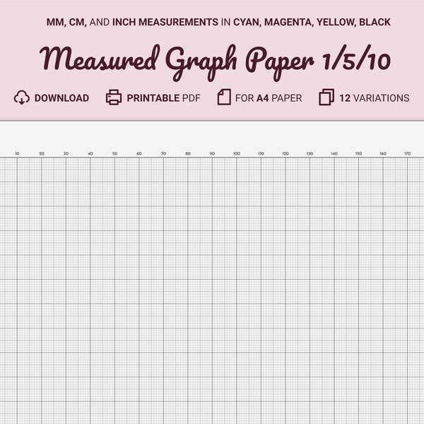 Measured Graph Paper, Millimeters/Centimeters/Inches, Printable A4, 10 mm Margin, 1/5/10 mm Guides, Cyan/Magenta/Yellow/Black