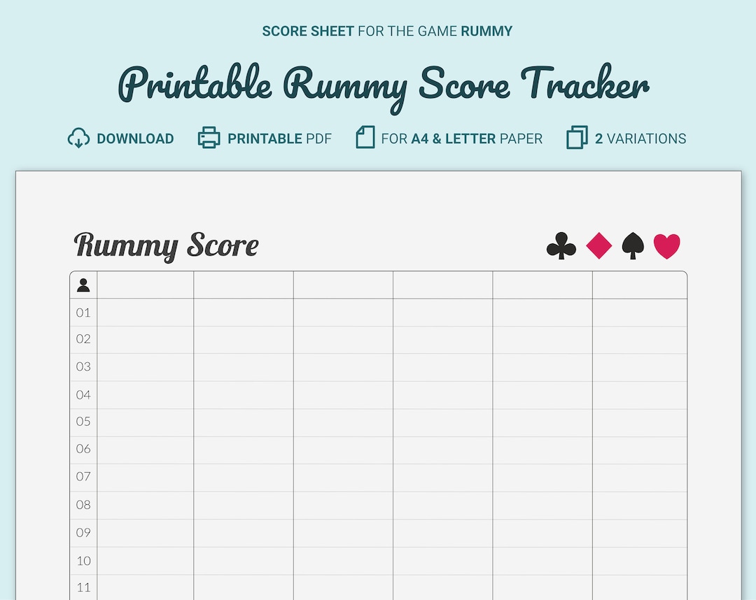 Rummy Score Card / Tracker Printable Etsy