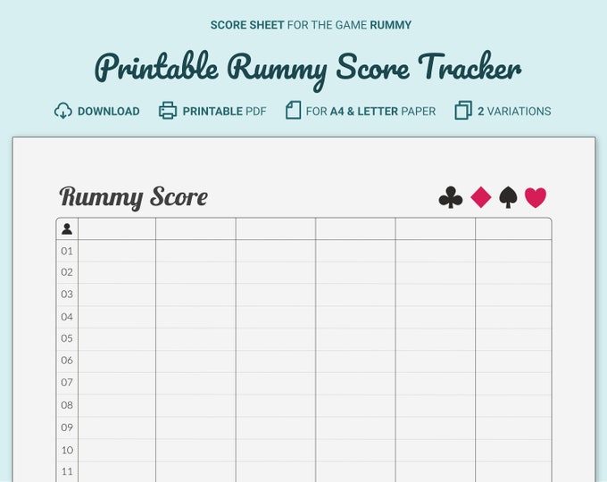 Rummy Game Score Sheets, Printable, Digital Download Chart, Gam006 ...