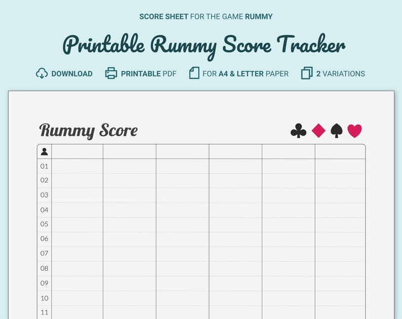 Rummy Score Card / Tracker Printable - Etsy