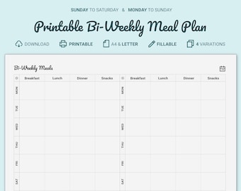 bi weekly meal planner printable fillable pdf files a4 etsy