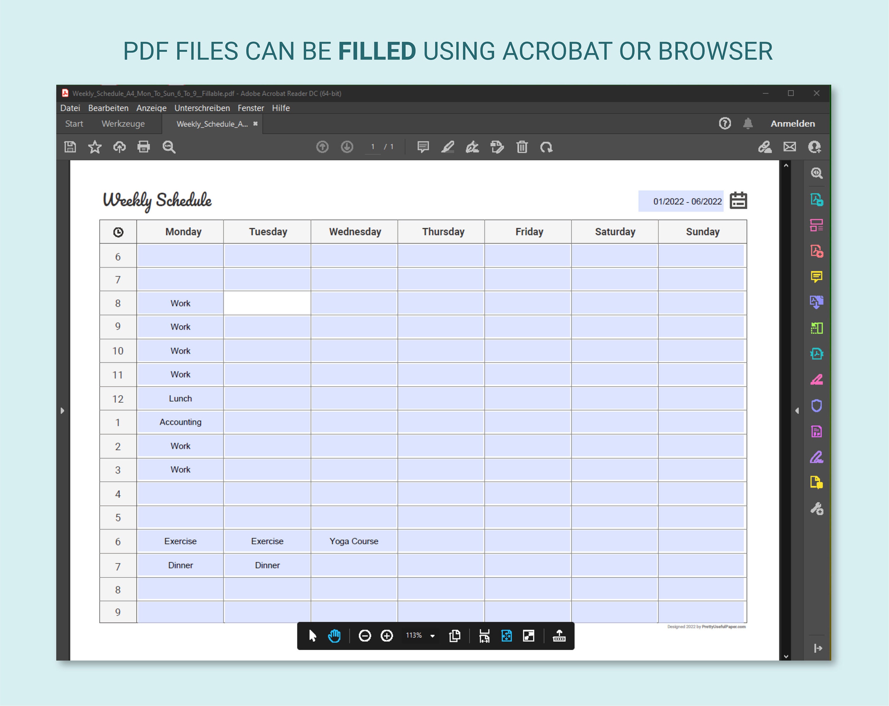 Printable Weekly Schedule Fillable PDF Files A3, A4, Letter Monday ...