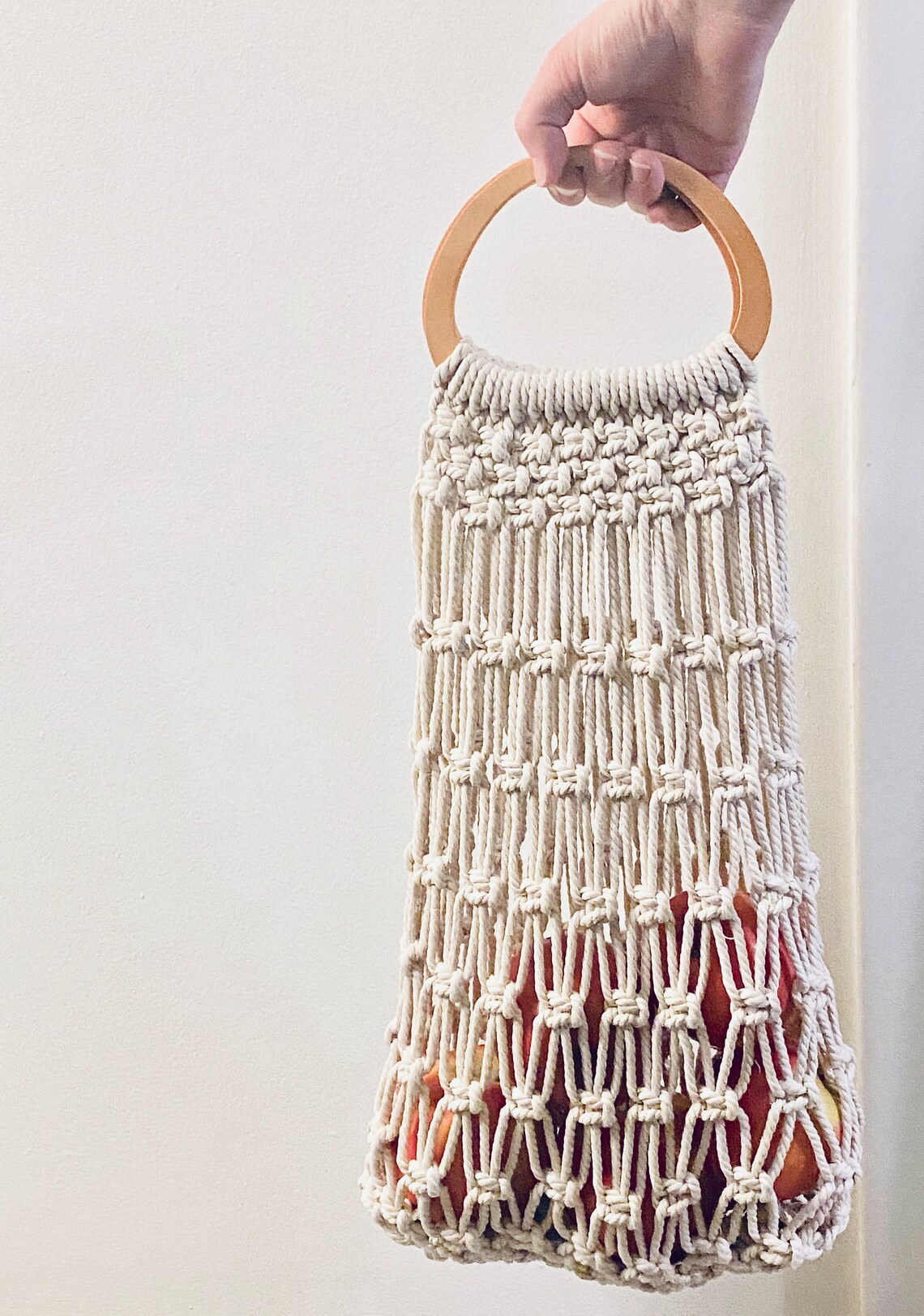 Macrame Produce Bags With Wood Handles Etsy
