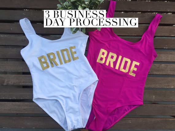Bride Swimsuit Bachelorette Party Beach Bach Weekend Outfit Honeymoon Bridal Shower Gift Wedding Swimwear Onepiece Bathing Suit Gold