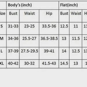 May include: A white chart with black text detailing clothing measurements in inches. The chart includes sizes S, M, L, and XL, with corresponding bust, waist, and hip measurements for both body and flat dimensions.