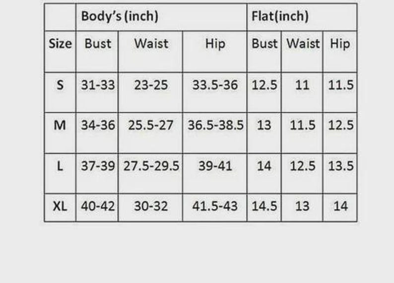 May include: A white chart with black text detailing clothing measurements in inches. The chart includes sizes S, M, L, and XL, with corresponding bust, waist, and hip measurements for both body and flat dimensions.
