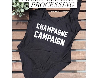 Bachelorette Party Swimsuit Women Black One Piece Tank Strap Bodysuit Beach Vacation Outfit Bride Squad Beachwear Champagne Bathing Suit