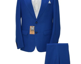 May include: A royal blue suit with a single-breasted jacket and matching pants. The jacket has a notched lapel and two button closure. The suit is on a mannequin and has a white shirt and black bow tie.
