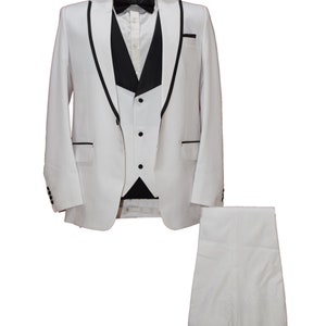 Men White Suits Wedding Grooms Tuxedo Dinner Party Wear Suits (Coat+ Pants+ Waistcoat)
