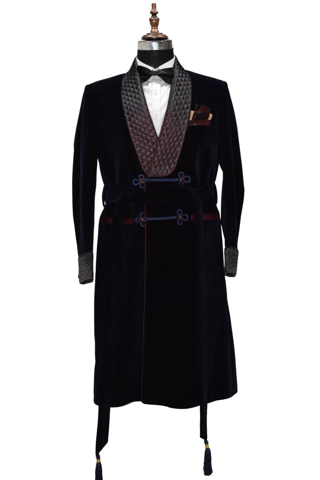 Men Navy Blue Smoking Long Coats 2 Tone Quilted Lapel Belted Dinner ...