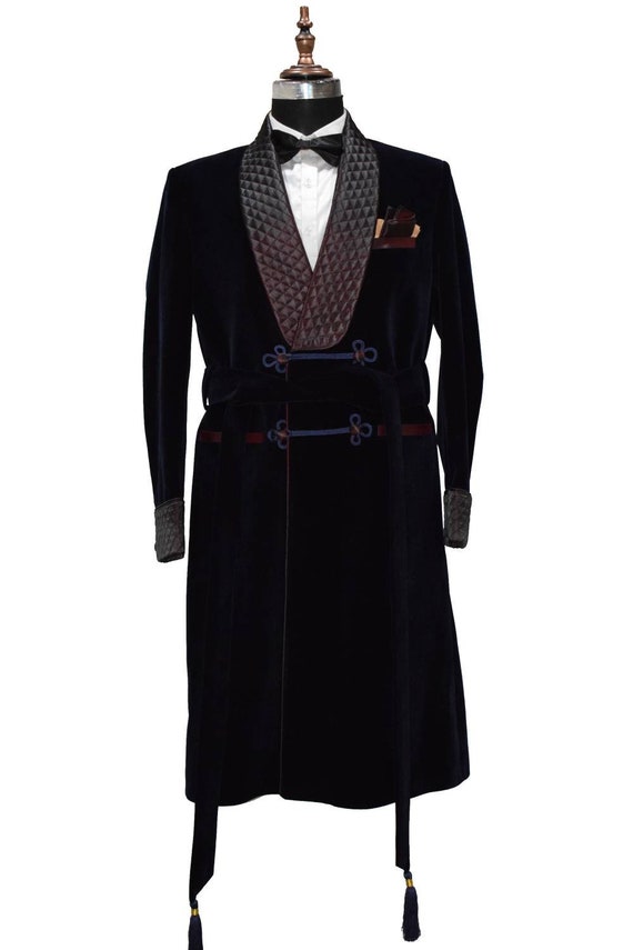Men's Navy Velvet Smoking Coat, Quilted Lapel, Belted Gown